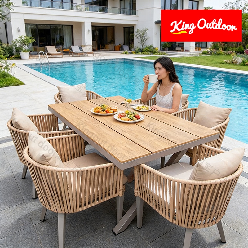 Outdoor Plastic-Wood Table and Chair Set for Courtyard Villa, Waterproof and Sun-Resistant, Movable Leisure Table and Chair Combination Outdoor Plastic-Wood Table and Chair Set for Courtyard Villa, Waterproof and Sun-Resistant, Movable Leisure Table and Chair Combination