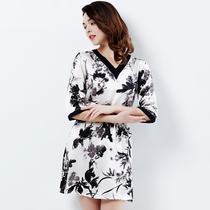 qualcuno Silk Nightdress Women Summer Mid-Sleeve Slim Silk Pajamas Printed Mulberry Silk Ink Painting Home Clothes