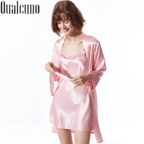Silk dressing gown Women summer sexy suspender nightgown long sleeve two-piece set of heavy mulberry silk home clothing