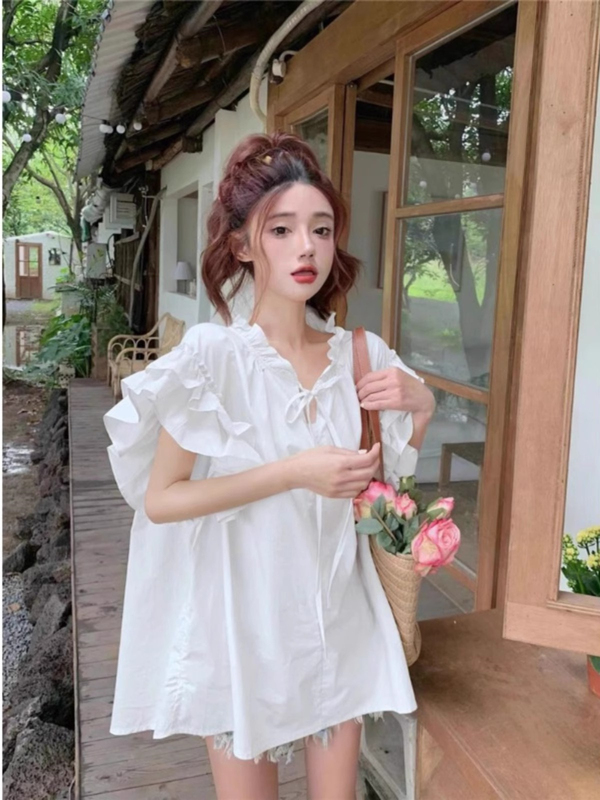 Plus Size 150kg Ruffled Flutter Sleeve Blouse Women's Summer Loose Fit Tummy-Covering Babydoll Top 2