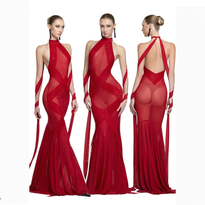 Yesimnxde Red Mesh Lace Halter Neck Tie-Up Long Dress