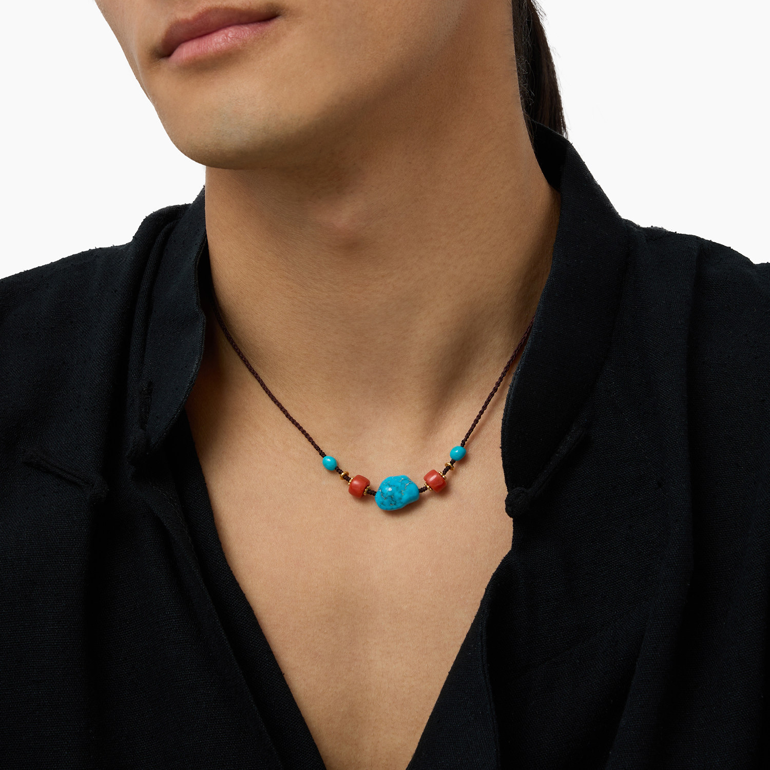 Wuduo Layi High-Porcelain Blue Turquoise and Red Agate Braided Rope Necklace, Tibetan Style, Unisex, Clavicle Chain