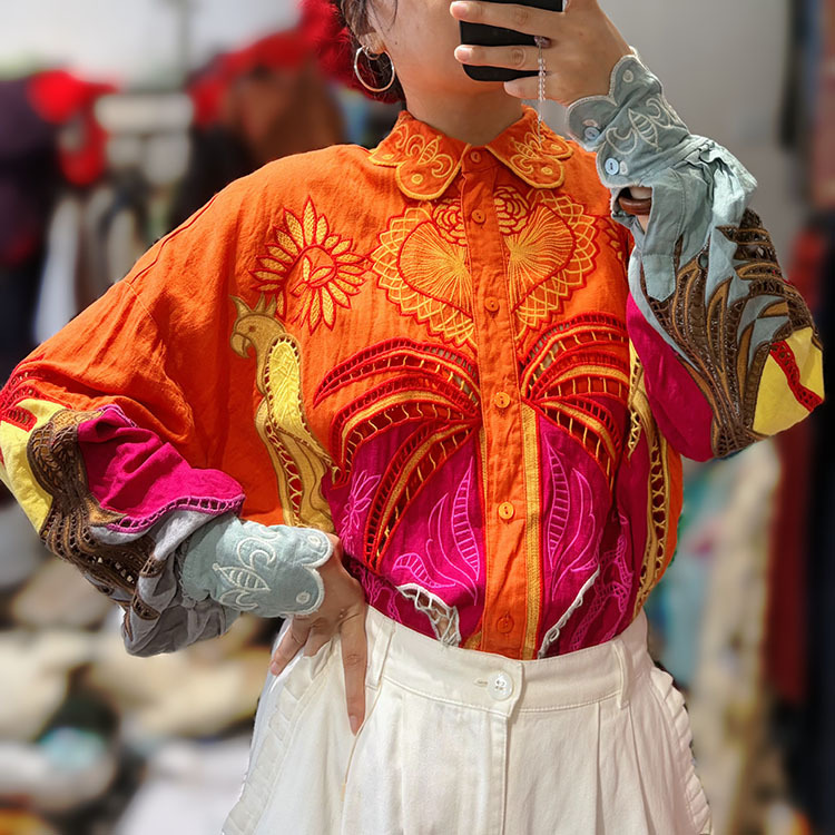 Brazilian Farm Rio Original Orange Color Enhances Complexion, Slimming, Loose Fit, Vintage Heavy-Duty Hollow Embroidery Linen Long-Sleeve Shirt Brazilian Farm Rio Original Orange Color Enhances Complexion, Slimming, Loose Fit, Vintage Heavy-Duty Hollow Embroidery Linen Long-Sleeve Shirt