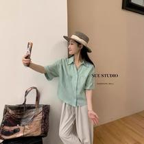 SUESTUDIO summer new linen short-sleeved shirt thirteen lines of literary retro womens double pocket top 56102