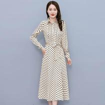 Long-sleeved polka-dot silk satin dress for women 2024 spring new fashion age-reducing versatile waist-slimming long skirt