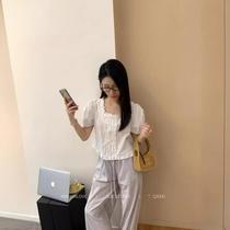 Summer Korean tied bow lace shirt for women thirteen lines new French short-sleeved slimming top 56135