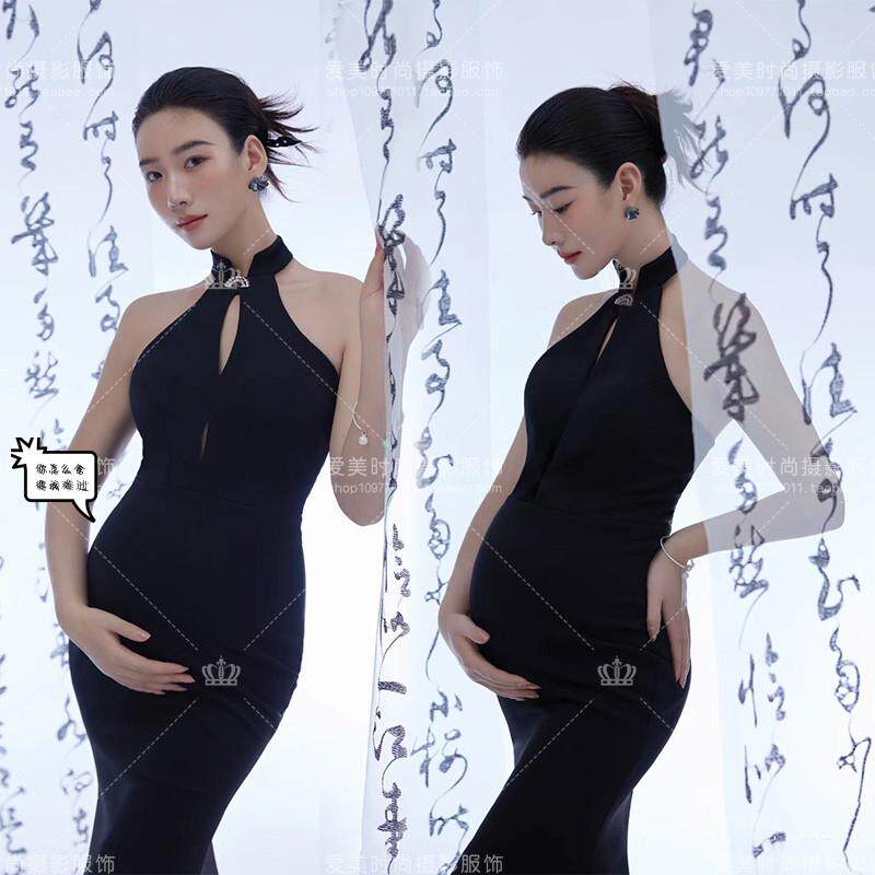 Shadow Building Retro Pregnant Woman Themed New Style Advanced New Chinese Qipao Black Gown Pregnancy Mother Art Photo Shoot-Taobao