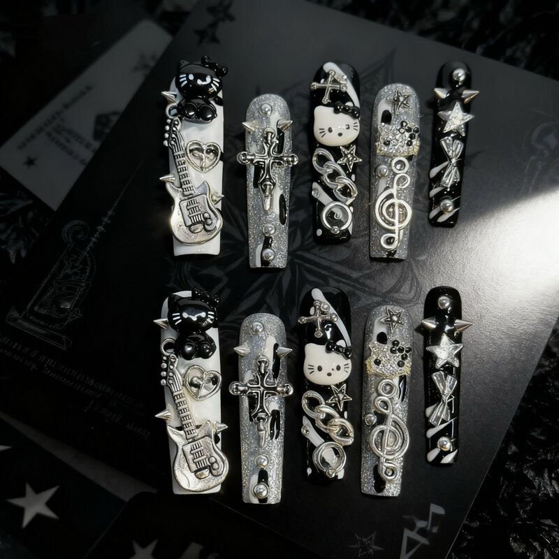 Punk Hello Kitty Punk Style Subculture Y2K Two-Dimensional Nail Art Handmade Wearable Nails Removable