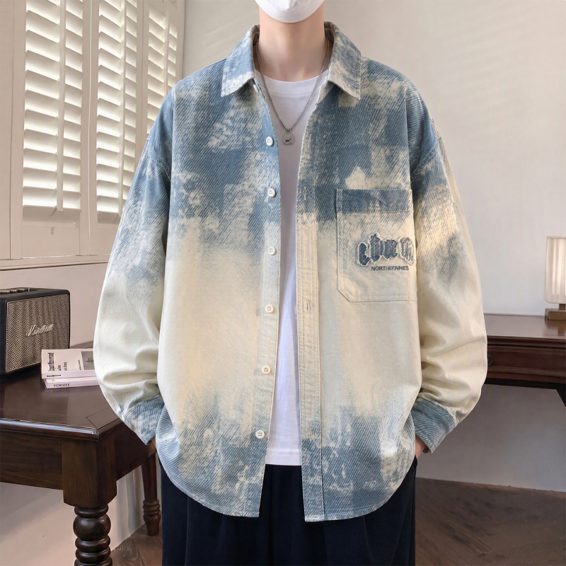 Tie-Dye Gradient Denim Shirt for Men, Long-Sleeved, Autumn Lapel, Loose-Fitting, Pure Cotton Shirt, Spring and Autumn Style, Stylish and Trendy Jacket