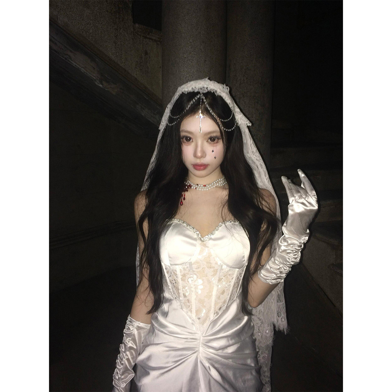 Halloween White Spaghetti Strap Dress for Women, High-End Heavy-Duty Fishbone Lace Party Light Dress, Bodycon Long Dress Halloween White Spaghetti Strap Dress for Women, High-End Heavy-Duty Fishbone Lace Party Light Dress, Bodycon Long Dress