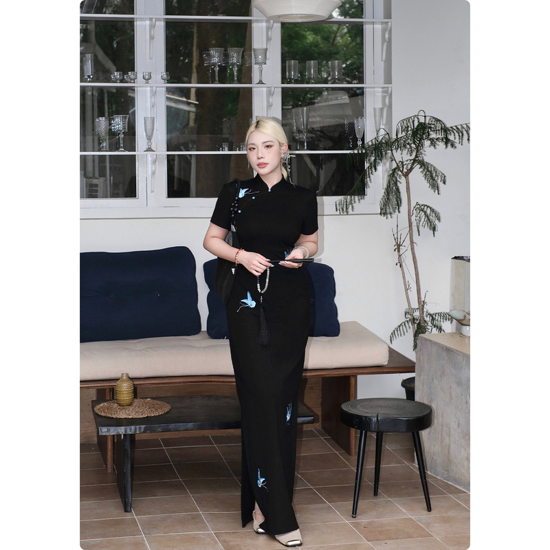 Nuomizi [Backless Butterfly] New Chinese-Style Dress for Women, Summer Improved Embroidered Cheongsam, Youthful Slimming Long Dress