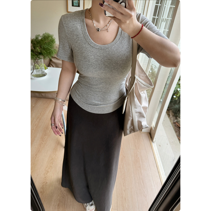 Nuomizi [Kendou T3.0] T-Shirt for Women, Summer, Regular Shoulder, Short Sleeves, Slightly Plus Size, Women's Clothing, Slim Fit, Waist-Cinching, U-Neck Top