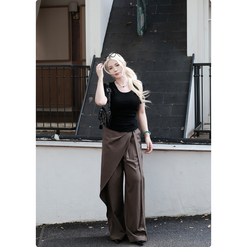 Nuo Mazi [Too Lazy to Match] Irregular Ribbon High-Waisted Wide-Leg Pants for Women, Slimming and Draping Design, Stylish Trousers