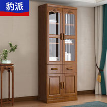Leopard solid wood bookcase new Chinese style floor-standing wood grain storage file cabinet with glass door two doors