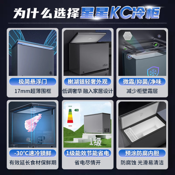 星星冰柜开口笑系列305升纤薄家用小容量冷藏冷冻节能卧式冷柜KC