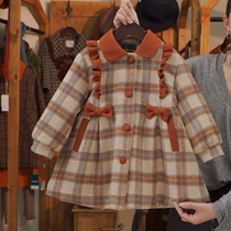 2023 Plaid thickened girls medium-length style woolen new long-sleeved autumn and winter fashion jacket quilted coat