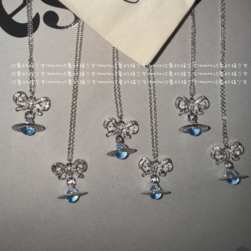 Object's Cat Girl: Glacier Blue Pink Ball Orb Saturn Glass Ball Bow Pure Desire 925 Silver Clavicle Necklace Object's Cat Girl: Glacier Blue Pink Ball Orb Saturn Glass Ball Bow Pure Desire 925 Silver Clavicle Necklace