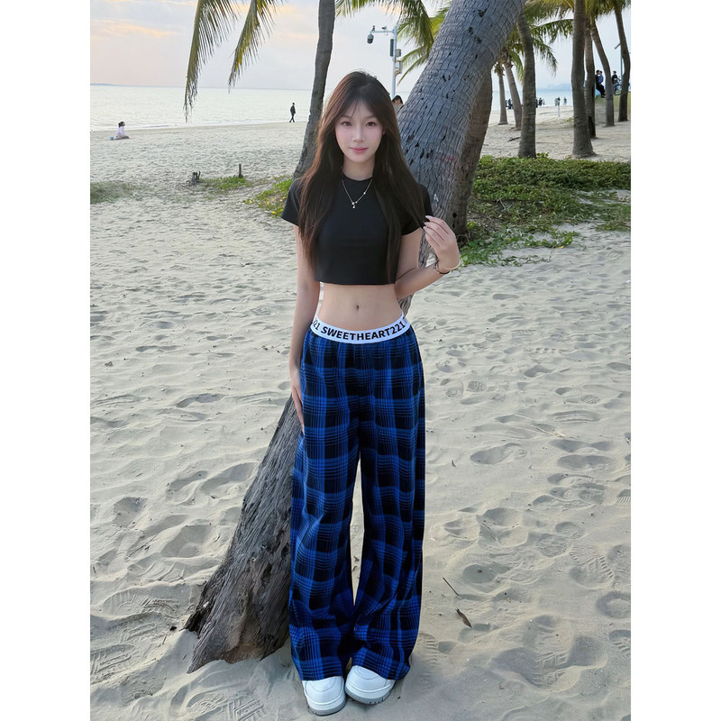 American Retro High Street Blue Plaid Casual Pants for Men and Women, Summer Thin Cleanfit Plaid Straight Wide-Leg Pants American Retro High Street Blue Plaid Casual Pants for Men and Women, Summer Thin Cleanfit Plaid Straight Wide-Leg Pants