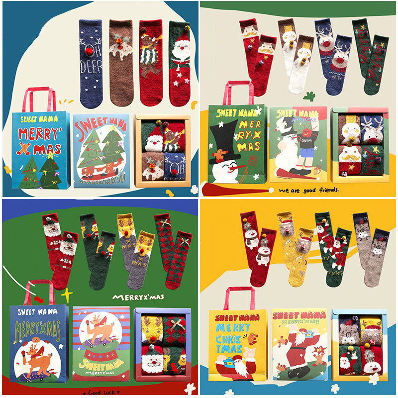 クリスマスストッキングギフトボックス、コーラルフリース厚手暖かクリスマスギフト、親子お揃いストッキング、女性用ふくらはぎ丈ストッキング、秋冬用スリープストッキング