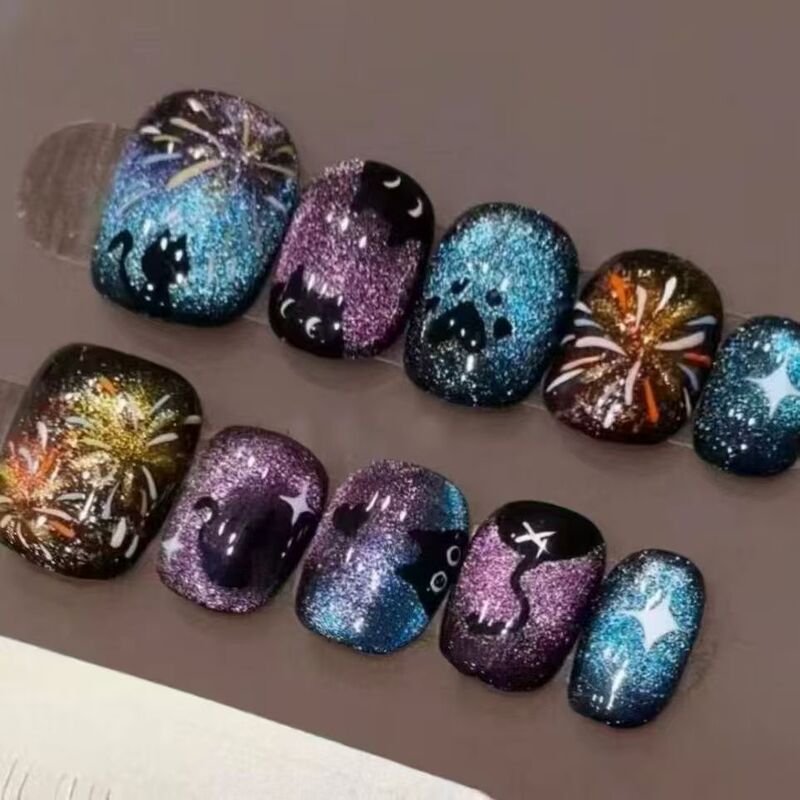 【Disco Armor】Blue and Purple Gradient Glitter Fireworks Star Personalized Style Short Wearable Nails Party Detachable Nail Art 【Disco Armor】Blue and Purple Gradient Glitter Fireworks Star Personalized Style Short Wearable Nails Party Detachable Nail Art