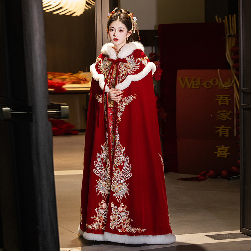 Плащ-накидка свадебная китайская свадебная невеста Сюхэ одежда с вышивкой бисером верхняя одежда зимняя плюс хлопчатобумажное утолщение для сохранения тепла длинный стиль