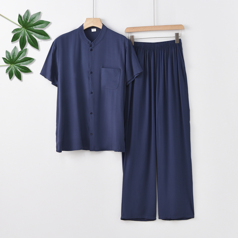 Middle-Aged and Elderly Summer Cotton Silk Short-Sleeved Stand-Up Collar Cardigan and Long Pants Set, Dad's Cotton Silk Top, Grandpa's Rayon Summer Outfit Middle-Aged and Elderly Summer Cotton Silk Short-Sleeved Stand-Up Collar Cardigan and Long Pants Set, Dad's Cotton Silk Top, Grandpa's Rayon Summer Outfit
