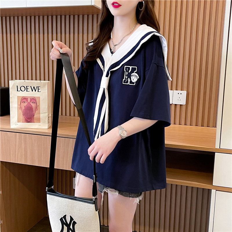 Extra Large Size 150kg Navy Tie Embroidered Printed Short-Sleeved T-Shirt for Women Summer 2026 Loose Slimming Belly-Covering Top