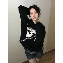 American vinoguelian hat sweatshirt woman fall zipper printed black pure cotton hooded sweatshirt Heavy loot lovers blouses