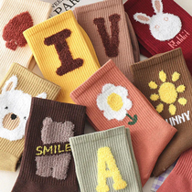 OIETOK socks womens Korean version mid-calf socks autumn and winter thickened ins trendy Internet celebrity style cute and versatile sports students and adults