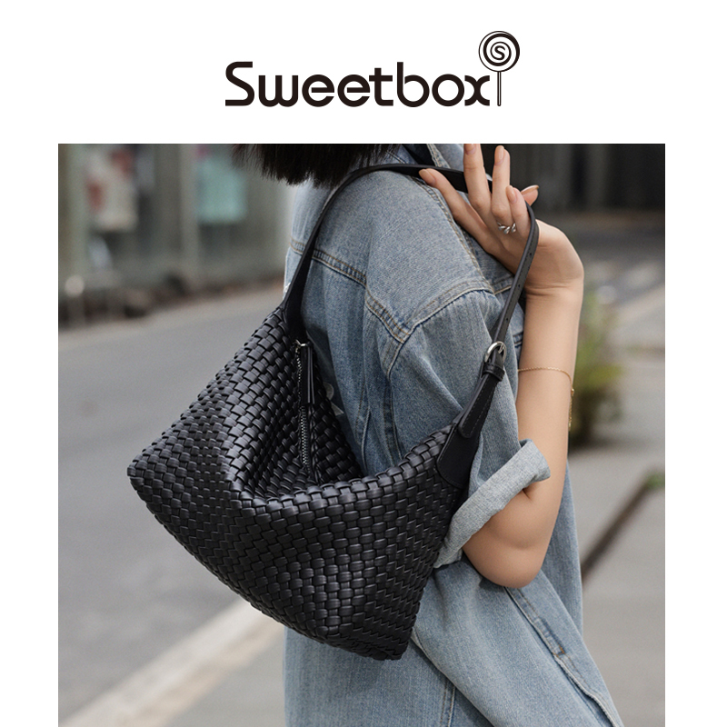 Sweetbox Woven Cowhide Hobo Underarm Bag, Relaxed Shoulder Bag, New Genuine Leather Crossbody Bag for Women, Lunch Box Bag