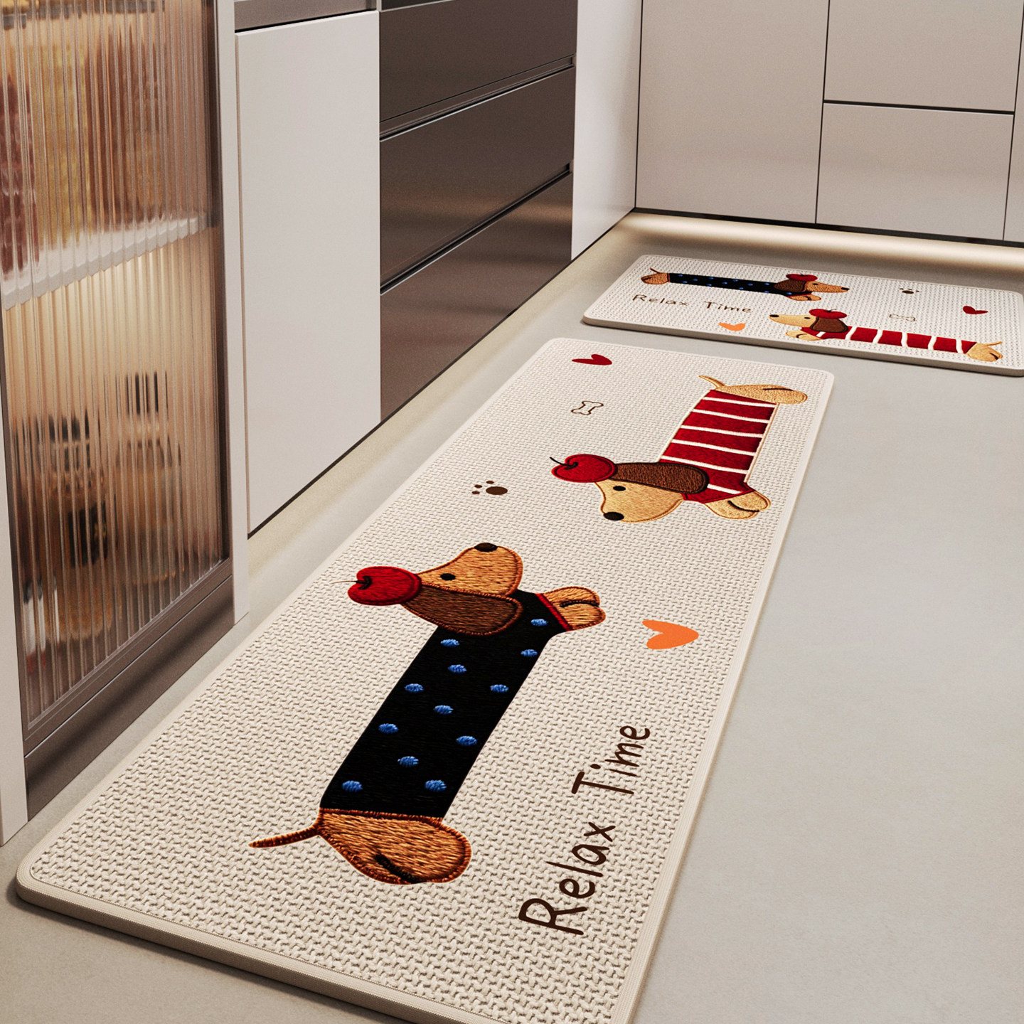 Kitchen floor mats, household no-wash, water-absorbent, quick-drying foot mats, imitation woven linen cartoon dachshund rugs
