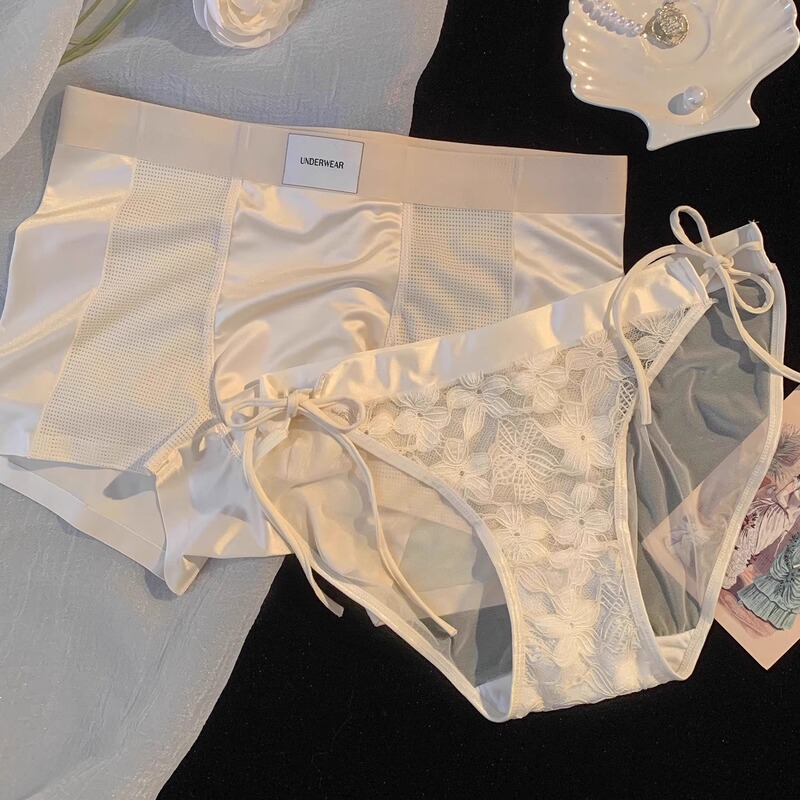 Pure Desire Style Lace Couple Underwear, One for Men and One for Women, New Ice Silk Sexy Satin Breathable Underwear Set