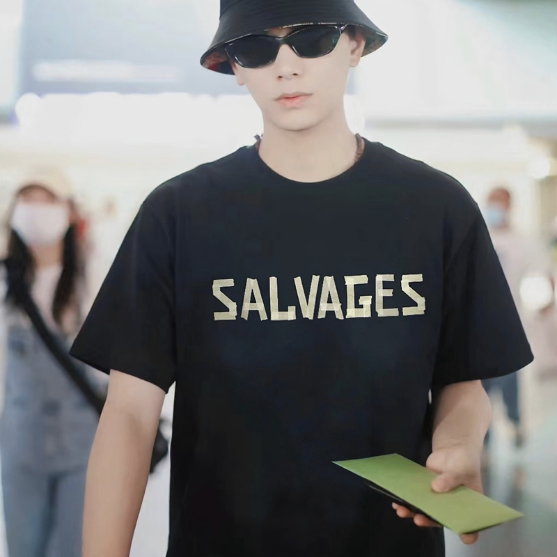 Ding Yuxi's Same Style the Salvages Tape Letter Print Loose Round Neck Short-Sleeve T-Shirt Heavyweight Pure Cotton