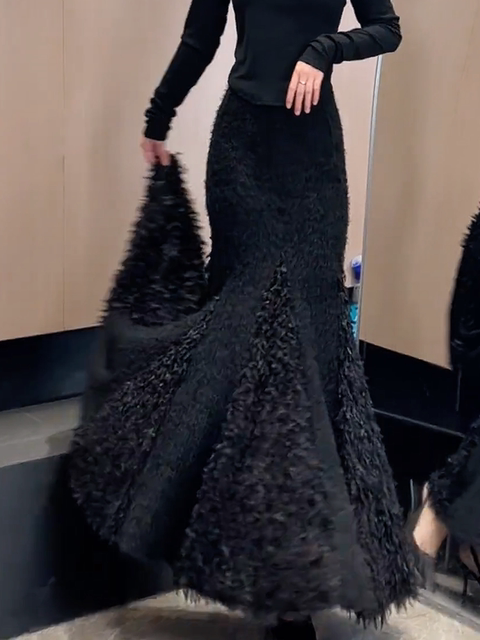 Black High-Waisted Fur Patchwork Design Warm Straight Skirt Winter New Slim Fit Hip-Hugging Fishtail Skirt
