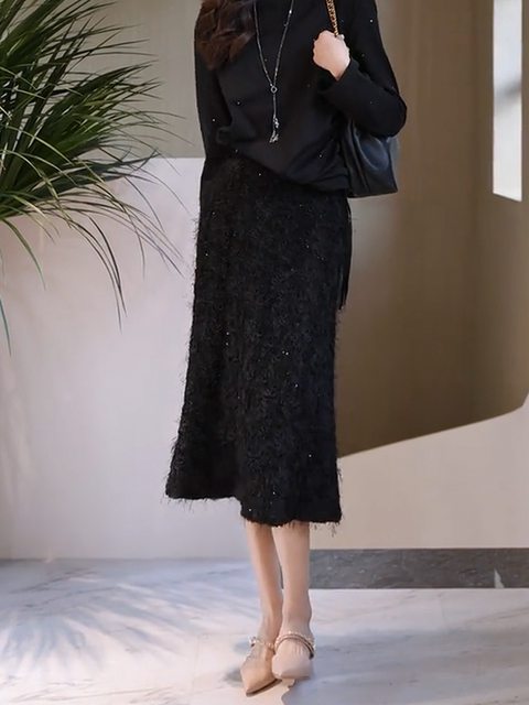 2025 Autumn New High-End Elegant Shimmering Black Loose A-Line Skirt for Women with Draping Effect and High Waist Mid-Length Skirt