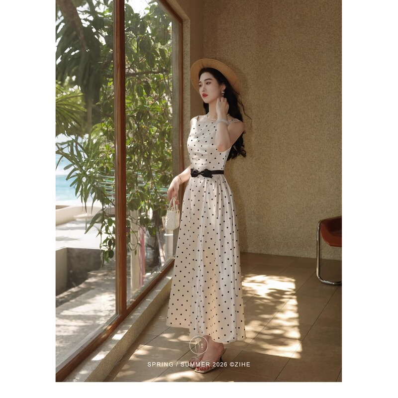 Ling Qianzi He Moonlight Dots' Satin Bow Polka Dot Dress Women's Spring/Summer French Style Backless Strap Long Dress