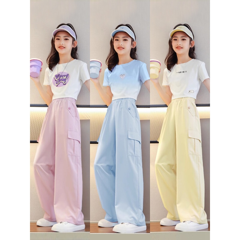 Girls' Fashion Set Spring and Autumn 2026 New Children's Wide-Leg Pants for Older Kids Quick-Dry Casual Pants Cargo Pants Trendy
