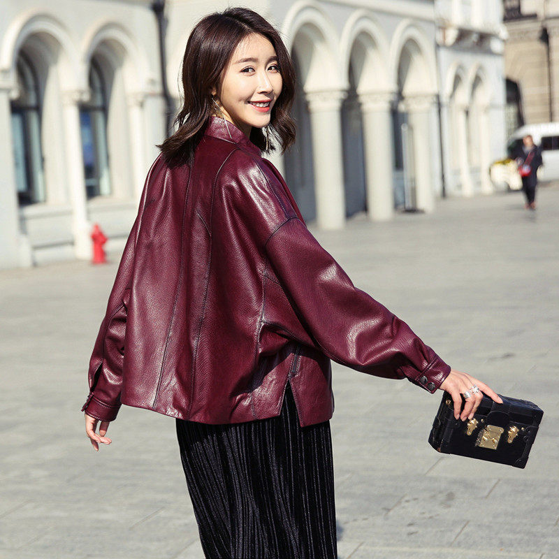 Leather women 2021 spring new first layer sheepskin leather short bat sleeve Korean version of loose jacket jacket