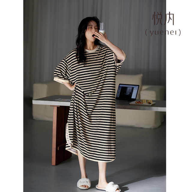 Yuenei nightgown ຂອງແມ່ຍິງ pajamas summer ຝ້າຍບໍລິສຸດແຂນສັ້ນກະໂປງຍາວເຮືອນໃສ່ summer ຂະຫນາດໃຫຍ່ striped ບາດເຈັບແລະສາມາດໃສ່ນອກ