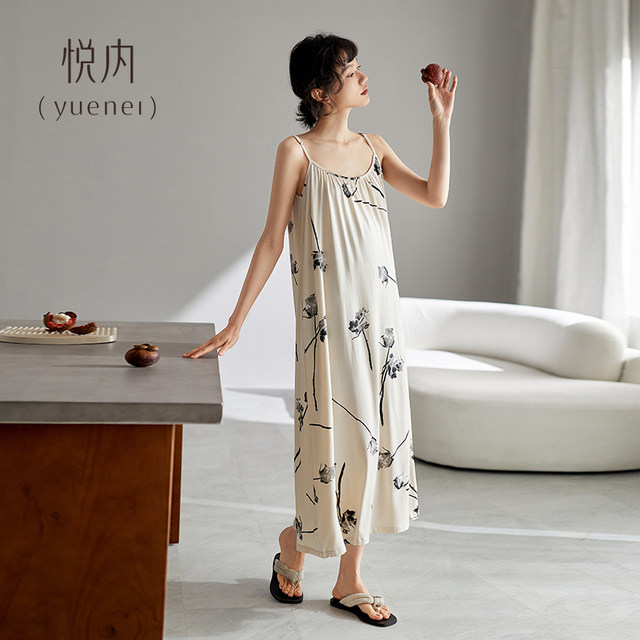 Yuenei nightgown ຂອງແມ່ຍິງ pajamas summer ຮ້ອນ modal camisole ice silk ບາງກາງຍາວ