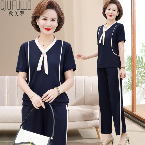 2023 new mother summer short-sleeved fashion casual suit middle-aged and elderly women's foreign style age-reducing sportswear two-piece set