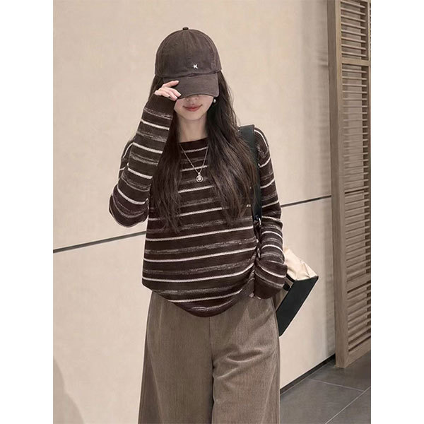 【Melard Coffee-Colored Striped Long Sleeve】Knitted Sweater, Loose Fit, Slimming, Casual, Fashionable, Versatile, Round Neck 【Melard Coffee-Colored Striped Long Sleeve】Knitted Sweater, Loose Fit, Slimming, Casual, Fashionable, Versatile, Round Neck