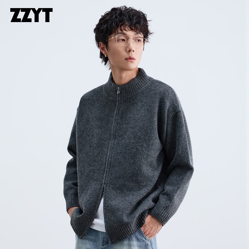 Zzyt American Retro Stand-Up Collar Zip-Up Cardigan Sweater for Men, Loose Knitwear Jacket, Trendy Brand Top Zzyt American Retro Stand-Up Collar Zip-Up Cardigan Sweater for Men, Loose Knitwear Jacket, Trendy Brand Top