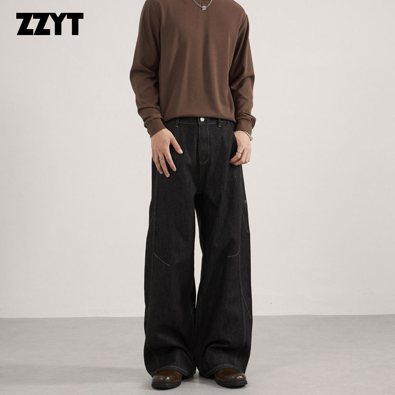 Zzyt American Retro Loose Straight-Leg Unisex Washed Drape Deconstructed Denim Raw Black Jeans Zzyt American Retro Loose Straight-Leg Unisex Washed Drape Deconstructed Denim Raw Black Jeans