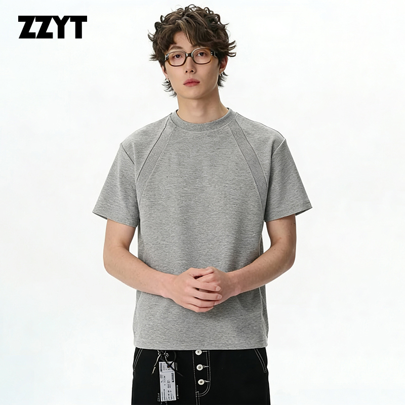 Zzyt American Retro 280g Space Cotton Air Layer Splicing Short-Sleeved T-Shirt Short Boxy Version Same Style for Men and Women