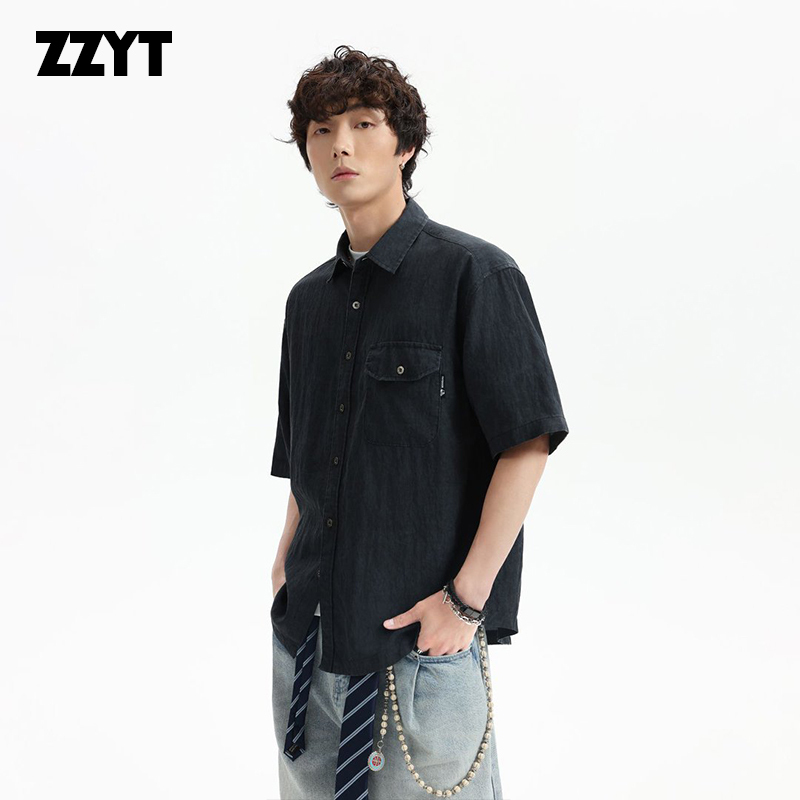 Zzyt American Retro Washed Tencel Nylon Blend Lyocell Short-Sleeve Collared Shirt for Men