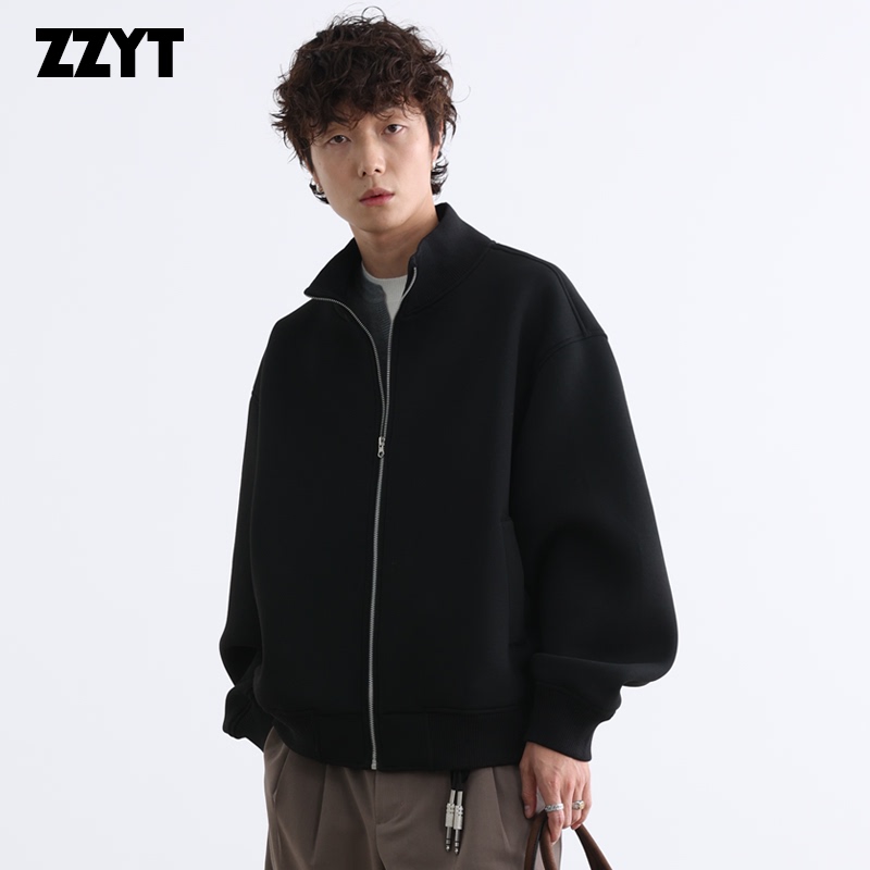 Zzyt American Retro Trendy Brand Stand-Up Collar Cardigan Jacket for Men and Women, Simple Solid Color Sports Short Jacket