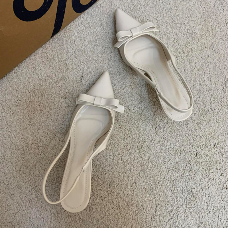 Sheepskin Version~ French-Style Bow Pointed-Toe Elegant High-Heeled Shoes for Women, Summer Genuine Leather Open-Back Commuting Stiletto Closed-Toe Sandals