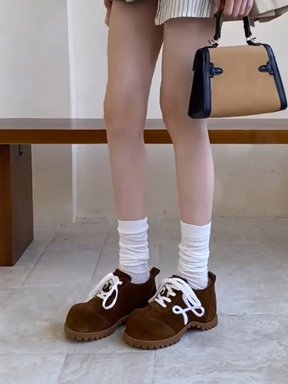 羊皮版~小众新款厚底小个子勃肯德训鞋女复古系带时尚休闲大头鞋