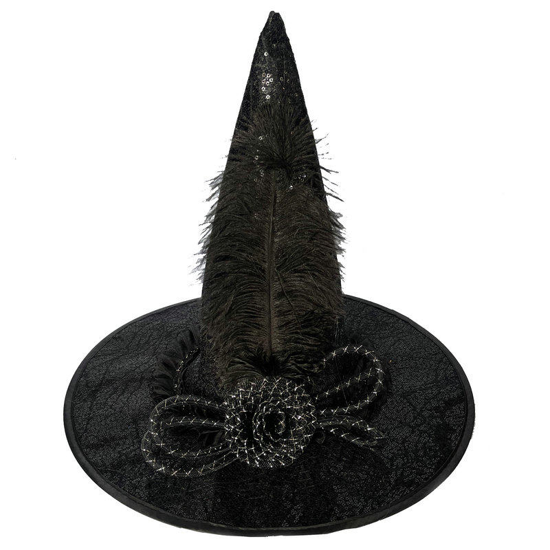 Mystery Black Witch Hat Head Decorated Sequin With Hose Flowers To Ostrich Feather Mystery Anchor Nightclub Hat-Taobao